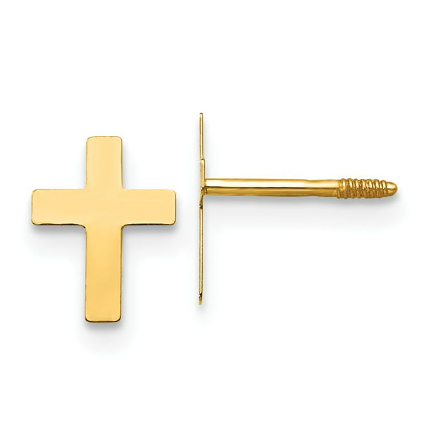 14K Solid Gold Baby CZ Cross Earrings Screw Back Children Stud 9x7mm 